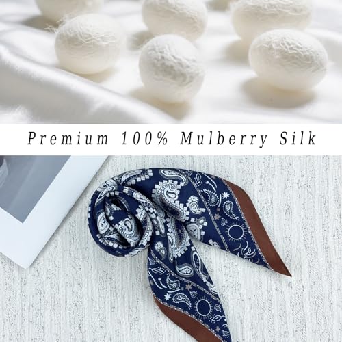 Women's Small 21 inch 100% Silk Scarf Bandana for Head Neck Hair | 100% Mulberry Silk Lightweight Designs Gift-Ready Packaging For Hair Fashion 21"x21" Printed - color: 205navy White