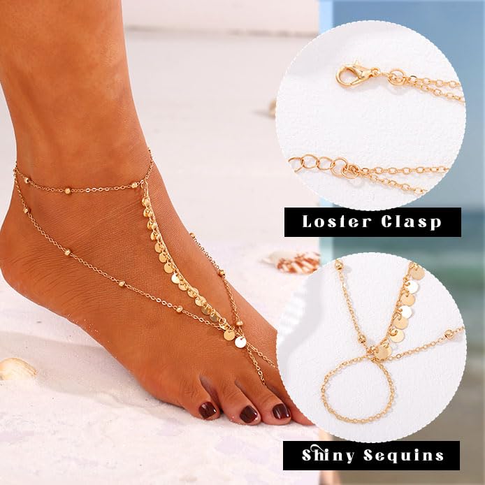 Yalice Gold Beaded Foot Chain for Women Sequins Barefoot Sandals Rhinestone Coin Toe Anklet Summer Wedding Pearl Foot Jewelry - style: Sequins