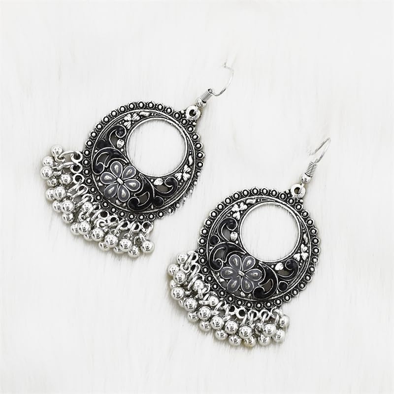 Vintage Boho Statement Drop Dangle Earrings for Women Bohemian Ethnic Handmade Beaded Charms Earring Bohemian Retro Chandelier Tassel Earrings Mexico Gypsy Jewelry Gift - color: O-Silver-Black