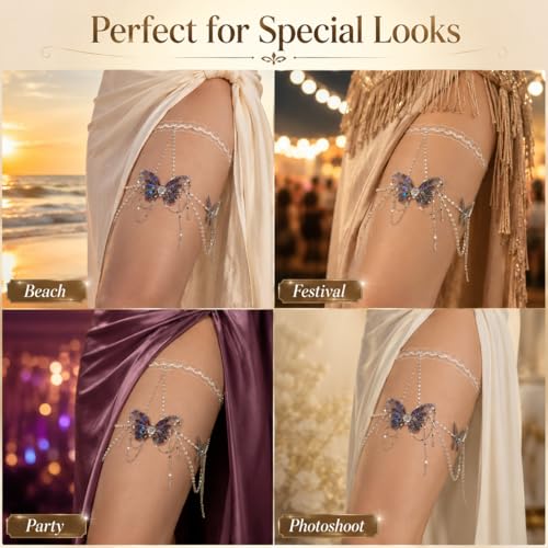 Butterfly Leg Chain for Women Green Butterfly Thigh Jewelry Lace Garter Body Chain Fairy Festival Party Outfit Accessory Gift - color: A2:leg chain
