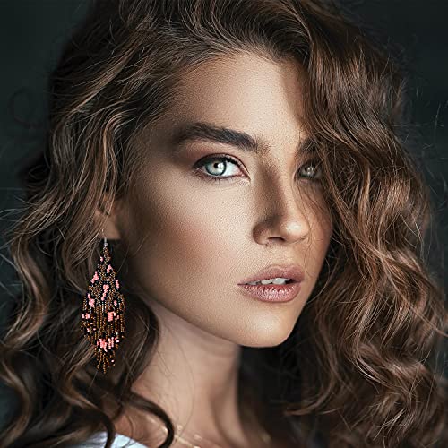 Long Beaded Tassel Earrings - Bohemia Colorful Bead Handmade Beaded Tassel Earrings，Gifts and Christmas - color: Brown leopard
