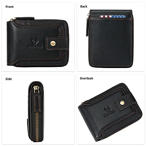 Zipper Wallet Men RFID Blocking Leather Bifold Wallets For Men - Flap ID Window Zip Coin Pocket Mens Zipper Wallets - Big Capacity Credit Card Travel Wallet (Black) - color: Black
