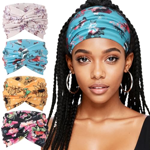 AQOKKA Extra Wide Headbands for Women Large Turban Headband Non Slip Boho Elastic Hairband Hair Twisted Knot Head Bands Accessories - color: 4 Pcs: African Print B