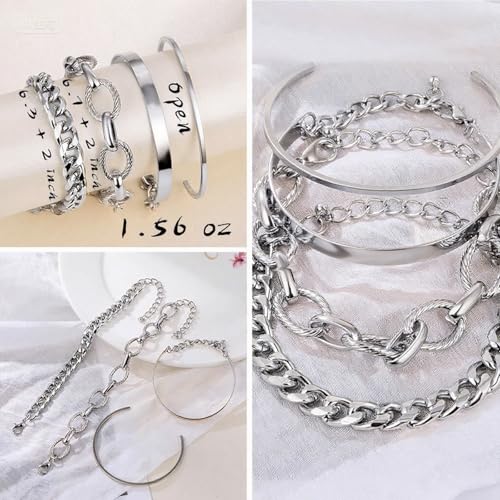 IFKM Gold Chain Bracelets Set for Women, 14K Gold Plated Multiple Layered Stackable Open Cuff Bangle Bracelet Anklet Bracelets Adjustable Link Tennis Beads Italian Cuban Jewelry for Women Gift - style: 24PCS Silver Set