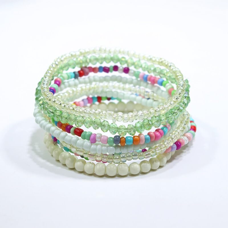 Pingyongchang Boho Colorful Beads Stackable Bracelets Set for Women Handmade Multicolor Seed Crystal Layered Stretch Bracelets Retro Country Holiday Beach Trendy Jewelry Gifts - color: Green
