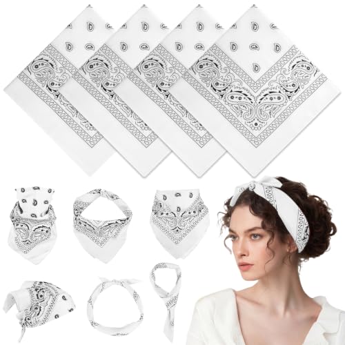 PLULON Bandanas for Men Women 4/12/24/30 Pack, Paisley Pattern Bandana Bulk Headbands Handkerchief Face Mask 100% Polyester - color: White