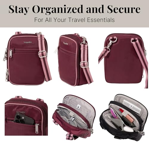 Baggallini Securtex® Anti-theft Mini Everything Crossbody Bag, 6.3"x8.25" Rfid, Locking Zippers & Cut-resistant Strap - color: Jam/Dusty Mauve