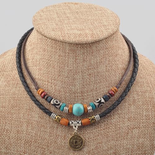 Ancient Tribe Boho Hemp Leather Choker Necklace with Turquoise Bead and Pendant, Adjuatable 15 Inches