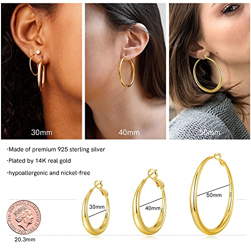 EXGOX Sterling Silver Hoop Earrings - Hypoallergenic, Lightweight, Chunky, 14K Real Gold Plated, Big Large Hoops for Women - color: 30/40/50mmGold