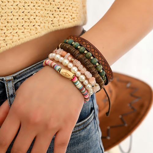 Long tiantian Western Turquoise Beaded Bracelet Set for Women Stackable Cowgirl Bracelets Boho Concho Jewelry Country Concert Rodeo Outfit Accessories Gifts - color: E3:western wooden dress