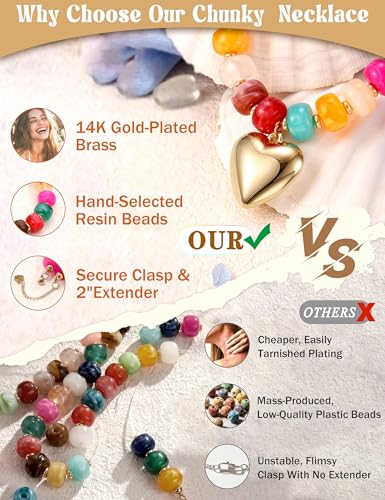 Besteel Chunky Beaded Necklace for Women - Colorful Resin Bead Choker Statement Necklaces with Gold Conch Heart Pendant Trendy Boho Large Summer Beach Jewelry - style: Heart