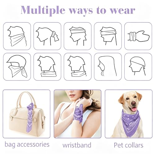 PLULON Bandanas for Men Women 4/12/24/30 Pack, Paisley Pattern Bandana Bulk Headbands Handkerchief Face Mask 100% Polyester - color: Light Purple