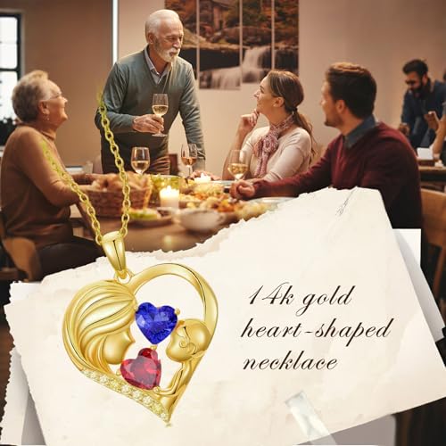 Mothers Day Gifts 14K Yellow Gold Mother Daughter Heart Pendant Necklace with 12 Months Birthstone Birthday Gifts for Mom Anniversarry Jewelry for Mom Wife Girlfriend - color: 01-09-Jan-Sept Birthstone