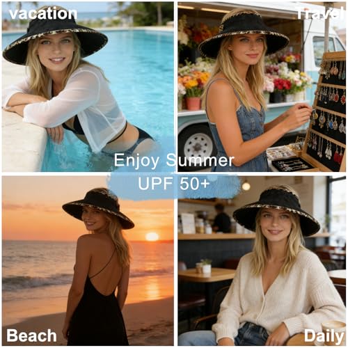 Women's Sun Visor Hats Wide Brim Beach Hat Straw Ponytail Visor Packable Foldable UPF 50+ Floppy Travel Hats - color: Black02