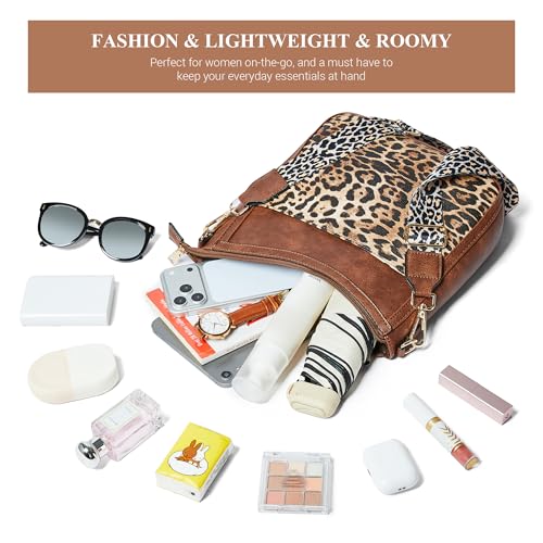 Crossbody Bags for Women Crossbody Purse for Women Vegan Leather Hobo Purses Shoulder Handbags for Daily Travel Work - color: Brown With Leopard
