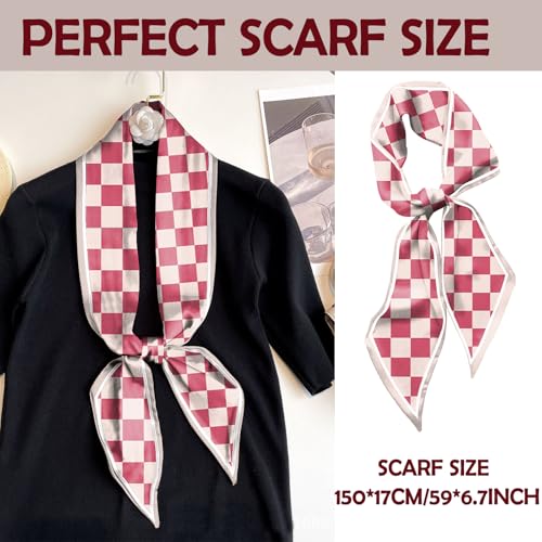 Hair Head Scarf Silk Feeling Long Satin Neck Satin Scarves for Handbag Cute Aesthetic Decoration Women Girls 59 * 6.7” - color: Y7-pink Check