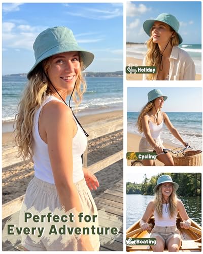 Water-Resistant Bucket Hat for Women Men Rain Hat UPF 50+ Boonie Sun Hat Foldable Summer Floppy Fishing Safari Hats - color: Dusty Teal Blue