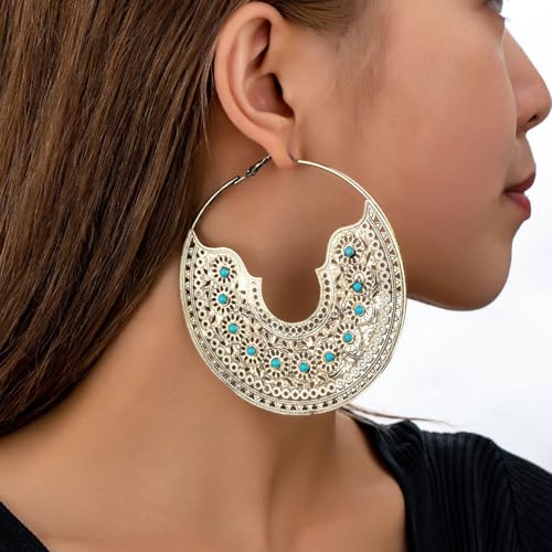 Chunky Metal Hoop Earrings for Women Vintage Bohemian Large Circle Earrings Gold Silver Textured Statement Earrings Trendy 80/90s Earring Oversized Big Dangle Earring Christmas Birthday Party Prom Banquet Costume Jewelry - color: Gold
