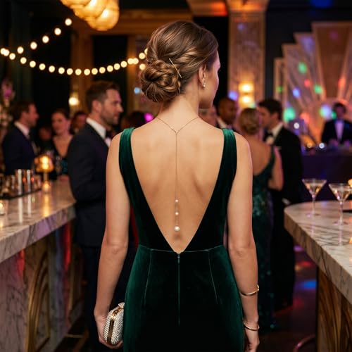 Back Chain Body Chain Jewelry for Summer Outfits Rhinestone Pendant Back Necklace for Backless Dresses - color: A5:Pearl back necklace