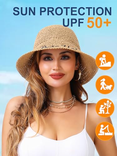 Womens Sun Hat Handmade Crochet Straw Bucket for Summer Foldable Travel Cap - color: Khaki 2