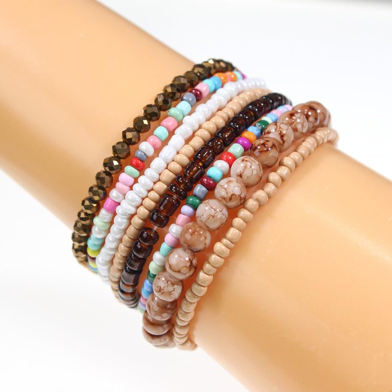Pingyongchang Boho Colorful Beads Stackable Bracelets Set for Women Handmade Multicolor Seed Crystal Layered Stretch Bracelets Retro Country Holiday Beach Trendy Jewelry Gifts - color: Brown