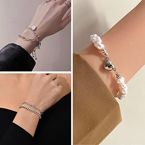 IFKM 36 PCS Silver Plated Jewelry Set with 3 PCS Necklace, 12 PCS Bracelet, 7 PCS Ear Cuffs Earring, 14 Pcs Knuckle Rings for Women Valentine Anniversary Birthday Friendship Gift - color: 21 Pcs Silver