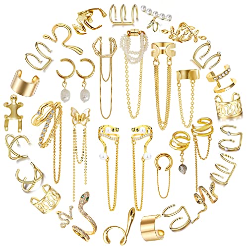 35 PCS Gold Silver Adjustable Ear Cuffs Earrings for Women Non-Piercing Cartilage Clip on Earrings Wrap Ear Jewelry Set,Punk Snake Butterfly Claw Stud Earrings for Women Gift - color: Gold
