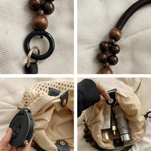 Crochet Summer Beach Bag for Women Woven Cotton Mesh Hobo Handbag Fashion Bead Handmade Shoulder Bag Purse - color: Black