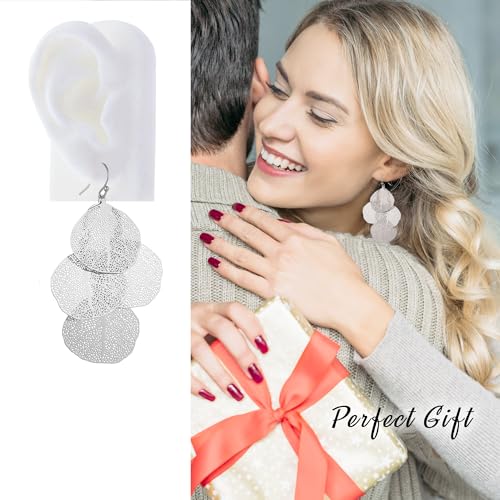 Bohemian Boho Filigree Leaf Chandelier Dangle Earrings for Women – Handcrafted Delicate – 14K Gold Plated – Lightweight - style: Silver - 3 Layered Circle Leaf Chandelier
