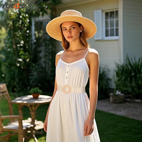 SUOSDEY 2 Pack Straw Woven Elastic Belt Braided Stretch Wide Boho Rattan Waist Belt for Women Dresses - color: 01-brown+beige(round Buckle), size: Fit Waist up to 35''