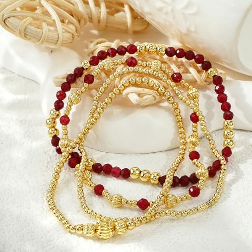 Dainty 14K Gold Lantern Beaded Bracelets Stack for Women,4PCS Colorful Glass Beads Stretch Stackable Bracelets Set Fashion Prom Jewelry Gift Friendship - color: Red