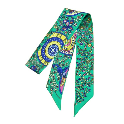 JERLA 100% Mulberry silk Scarf bag scarf Head Hair Ribbon Handbag Handle wrap Tie Bundle Neckerchief Scarf for women - color: Flower Green