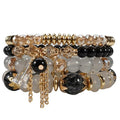 Bohemian Bracelet Sets for Women - 4-Pack Stackable Stretch Bead Bracelets with Black＆White Crystal & Gold Accessories, Multi-Layer Boho Jewelry - color: black