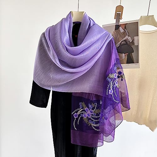 WINCESS YU Women Mulberry Silk Scarf Long & Large Embroidered Floral Pattern Shawl and Wraps Neckerchief for Hair & Neck - color: Gradient Purple