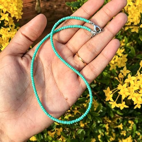Tgirls Boho Choker Necklace Chain Rice Beaded Necklaces Seed Bead Necklace Accessory for Women - color: turquoise
