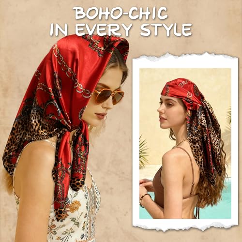Large Square Head Scarf Bandana - 35" Satin Hair Scarf for Women Like Silk Scarf Fashion Hair Wrapping - color: Leopard Chain(red), size: 35IN*35IN
