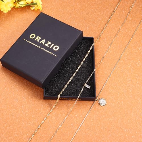 ORAZIO Gold Necklaces for Women,Layered Gold Necklace,14K Gold Plated Pendant Necklaces,Simple Choker Necklaces Set, Dainty Gold Chain Necklaces,Trendy Gold Stacked Jewelry Gifts for Women - color: 3Pcs/Wave & Box & CZ