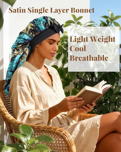 AWAYTR Long Satin Bonnet for Braids - Elastic Silk Hair Bonnets for Sleeping Night Cap Stretchy Tie Band for Women(Print) - color: Print