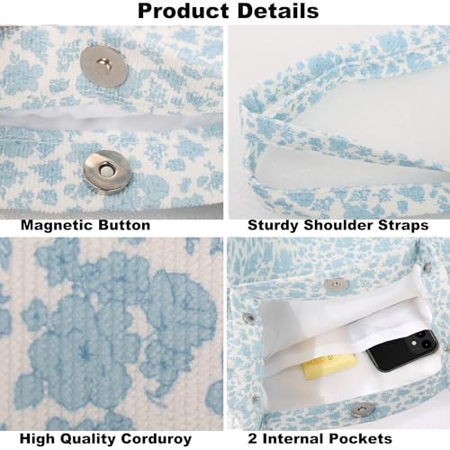Corduroy Tote Bag for Women Small Canvas Shoulder Purse Cord Handy Bag with Inner Pocket | with Front Pocket - color: 03 Blue Flower