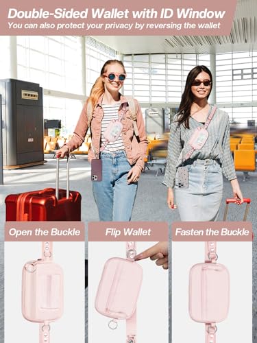 Tiostep Clip and Go Strap for Phone with Wallet Crossbody Phone Lanyard Adjustable and Detachable RFID Wristlet Wallet with ID Window and Zipper, Pink - color: Pink, size: Medium