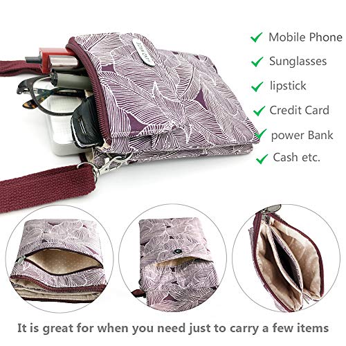 Roomy Cell Phone Purse Wallet Canvas Small Crossbody Purse Bags with Shoulder Strap For Women teen girlsl | Roomy - color: A-wine Red/Purple Leaves