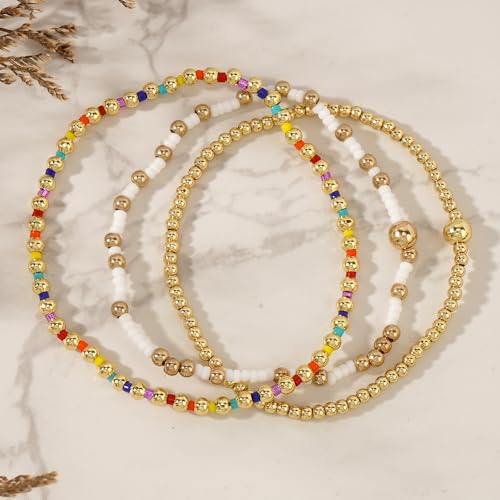 Dainty Gold Plated Tiny Ball Colorful Beaded Stack Bracelets Sets for Women,3Pcs Stackable Cute Bracelet Stretch Trendy Ball Jewelry Friendship Gift - color: Colorful