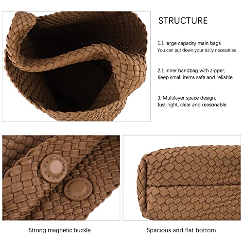Woven Tote Bag For Women, Large Vegan Leather Travel Handbag, Casual Work Shoulder Bag, Underarm Commuter Hobo Bag With Purse - color: Brown