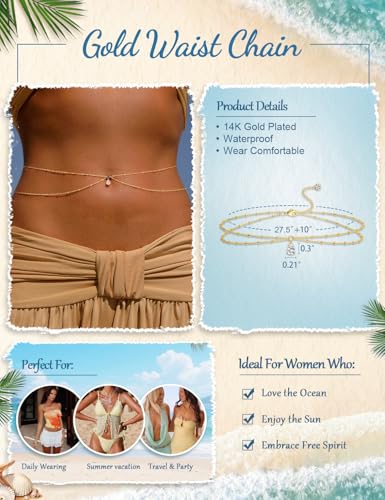 Gold Waist Chain for Women, Trendy Layered Belly Chain Jewelry, Adjustable Body Chain for Beach & Summer Outfit - style: Gold Style 5