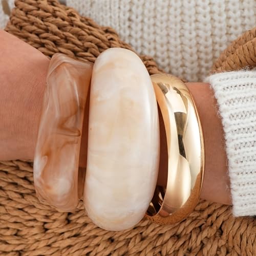 FAXHION Chunky Resin Acrylic Bangle Bracelets for Women, Colorful Wide Geometric Bangles Set, Statement Stackable Bracelet Jewelry Gift - color: Light Pink
