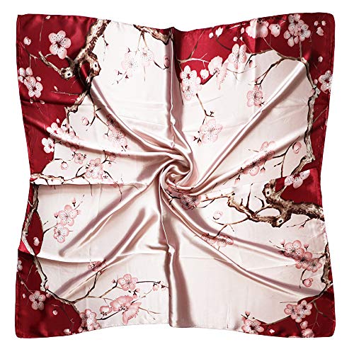 vabovin Satin Head Scarf for Women Silk Like Hair Scarf, 35 x 35 in | Silk Feel Fabric, Hair Wrap for Sleeping, Headscarf and Neck Scarf, Square Bandana Style, Fashion Accessory - color: 042 Wine Pink Plum Blossom