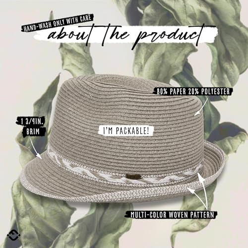 Funky Junque Straw Fedora Hats for Women - UPF 50+ Sun Hat, Short Brim Packable Beach Hat with Woven Pattern - color: Grey