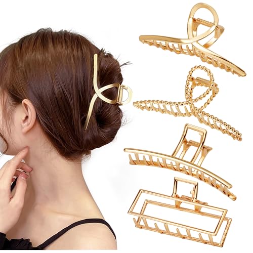 Parcce 4 Pack Large Metal Hair Clips for Thin to Thick Curly Hair, 4.3 Inch Big Nonslip Gold Color Clamps, Perfect Fashion Jaw Claw Hair Styling Accessories for Women and Girls, Christmas Gifts