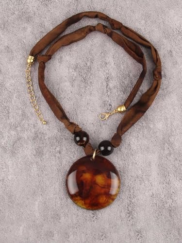 GelConnie Long Necklaces for Women Boho Large Pendant Necklace Casual Bohemian Brown Leather Choker Sweater Circle Statement Stone Necklace - style: Brown Stone Choker Necklace