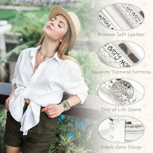 Leather Wrap Bracelet for Women, Boho Cuff Bracelet with Strong Clasp, Multi-Layer Crystal Leather Bracelet for Valentine Mother's Day - color: 02-Tree of Life-White